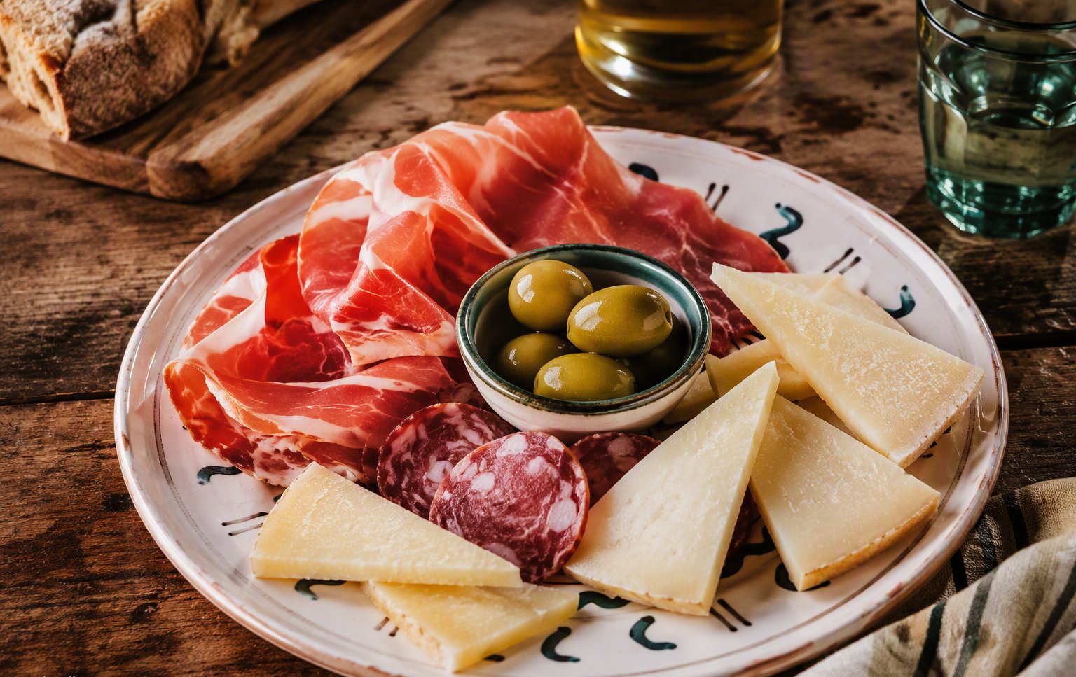 Il piatto di prosciutto, pecorino e olive